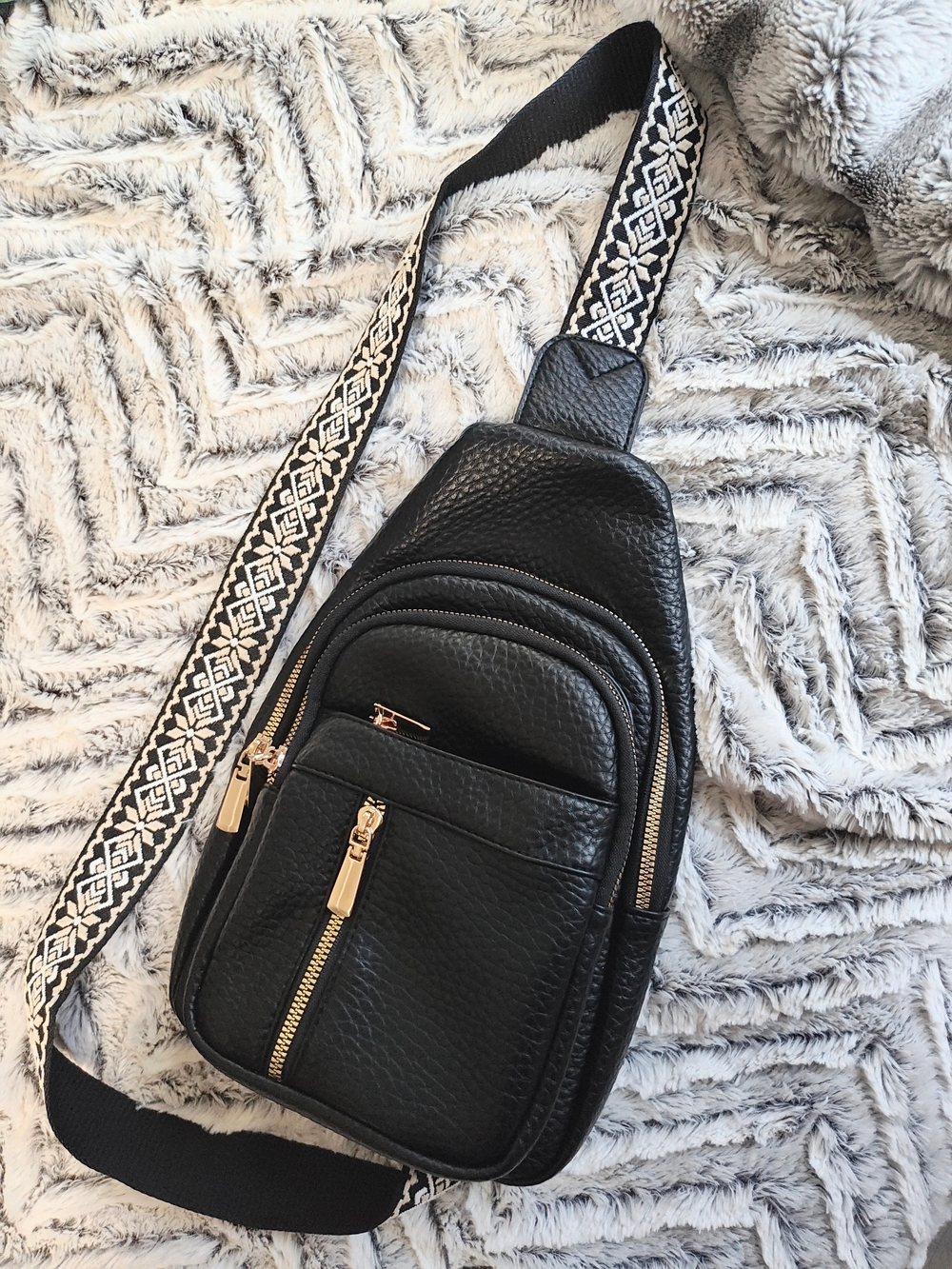 Black Pebbled Crossbody Sling Bag with Patterned Strap